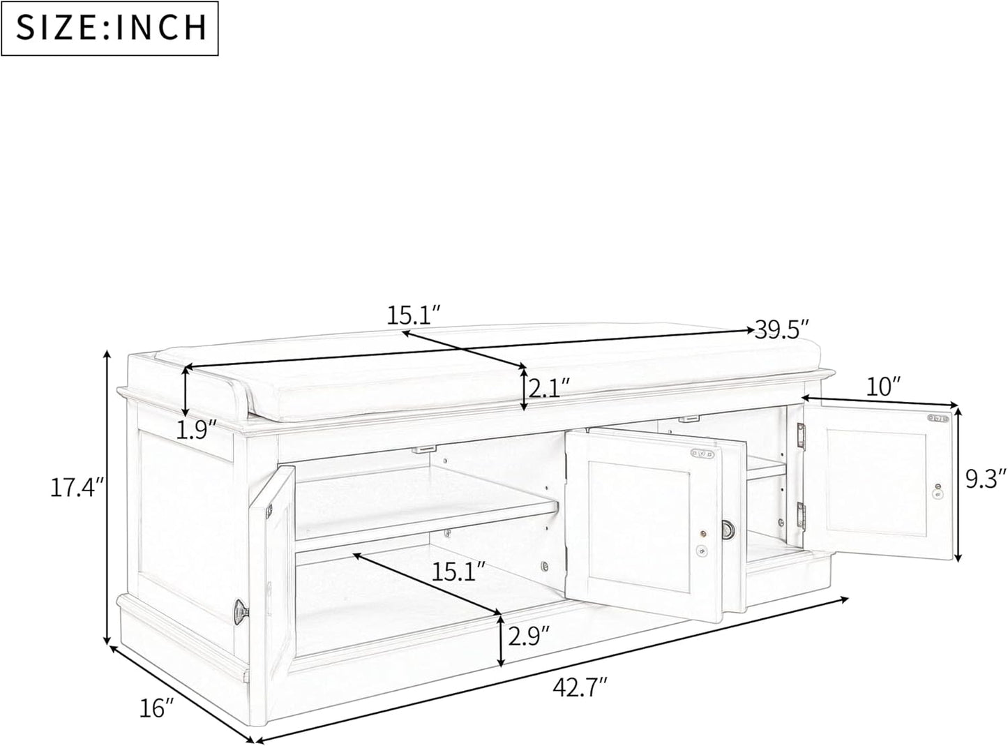 Storage Bench with 4 Doors and Adjustable Shelves, Shoe Bench with Removable Cushion for Living Room, Entryway 42.7" L x 16" W x 17.4" H (Gray Wash)