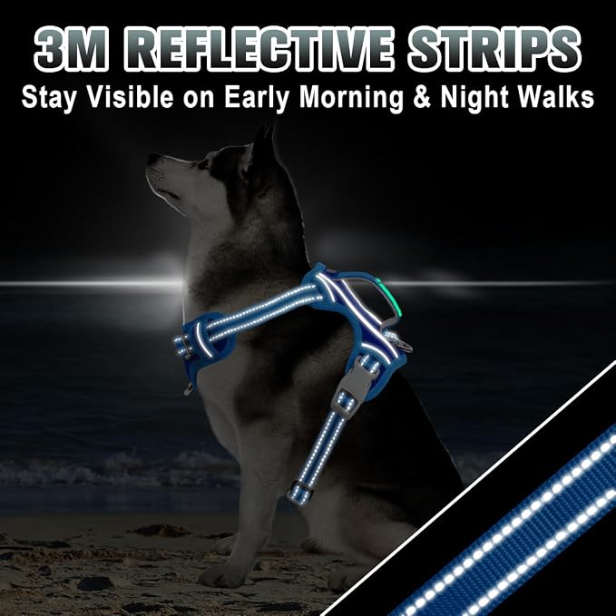 BARKBAY No Pull Dog Harness Large Reflective Dog Harness with Front Clip and Easy Control Handle for Walking Training Running with ID tag Pocket(Sapphire Blue & Blue,M)