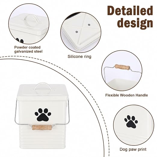 1.85Gal/7L Small Outdoor Trash Can with Lid, Metal Dog Poop Trash Can Outside, Dog Waste Container Bucket Handle(75 Trash Bags Included)-White