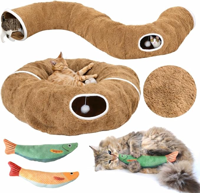 R1M Cat Tunnel Bed for Indoor Cats, Cute Cat Donut Tunnel Toys for Small, Larger Cats with Two Fish Cat Toys, Round Pet Peekaboo Cave Toy for Kitten, Brown (Brown)