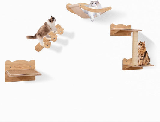 Tangkula Cat Wall Shelves, Wall Mounted 4pcs Kitten Furniture Set with Hammock, 2-Step Kitty Tree, Perch, Non-Slip Carpet Mat, Sisal Stairs & Scratching Posts, Wooden Cat Climber Steps (Natural)