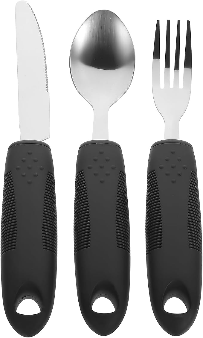 Healifty Adaptive Tableware Set for Elderly 3-Piece Anti-Shake Utensils with Non-Slip Handles Spoon Fork Cutter Eating Aid for Disabled Adults