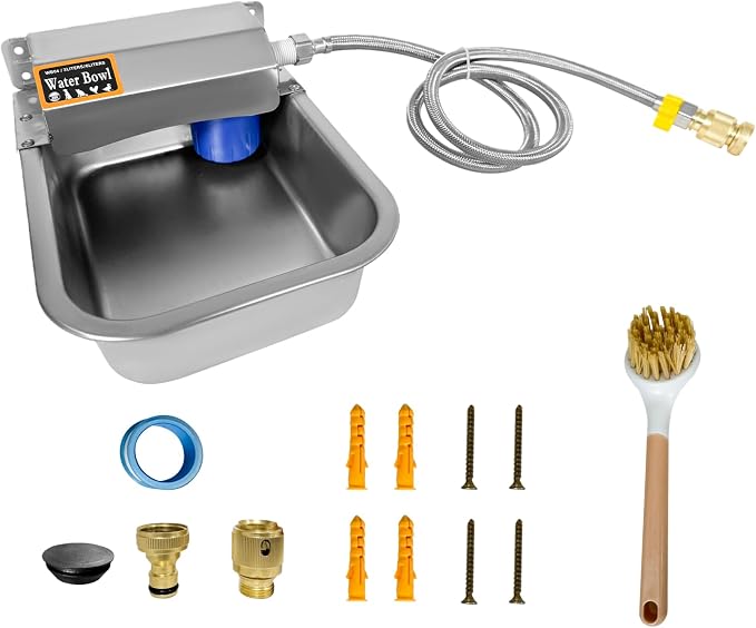 Automatic Water Dispenser for Dogs 1 Gallon/3.8L Stainless Steel Water Bowl Outdoor Dog Drinking Waterer Feeder Auto Fill Pet and Livestock Waterer Feeder Fits GHT 3/4" Faucet Wide Mouth