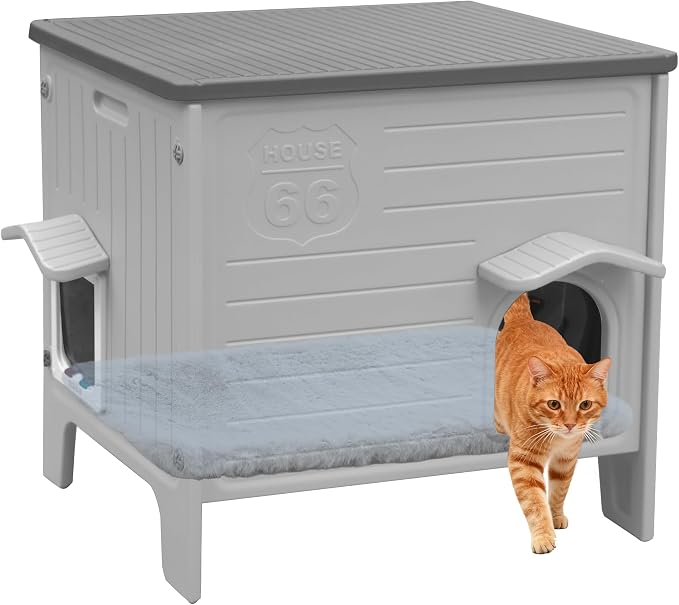 Plastic Cat House Outdoor with Soft Mat - Feral Cat Houses | with Escape Door, Waterproof Outdoor Cat House for Feral Cats, Outside Cat Shelter,Assemble Easily