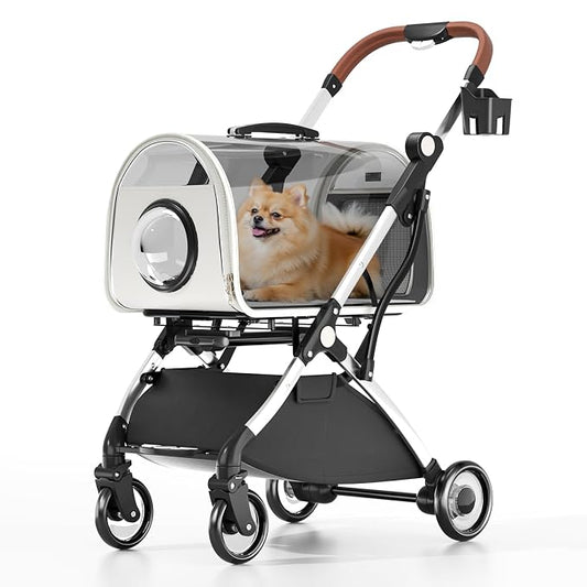 Magshion Dog Stroller w/Detachable Carrier for Small/Medium Dogs&Cats | Clear PC Dome Pet Stroller Up to 33 lbs, Lightweight Foldable Pet Cart, PU Wheels, Storage Basket & Cup Holder