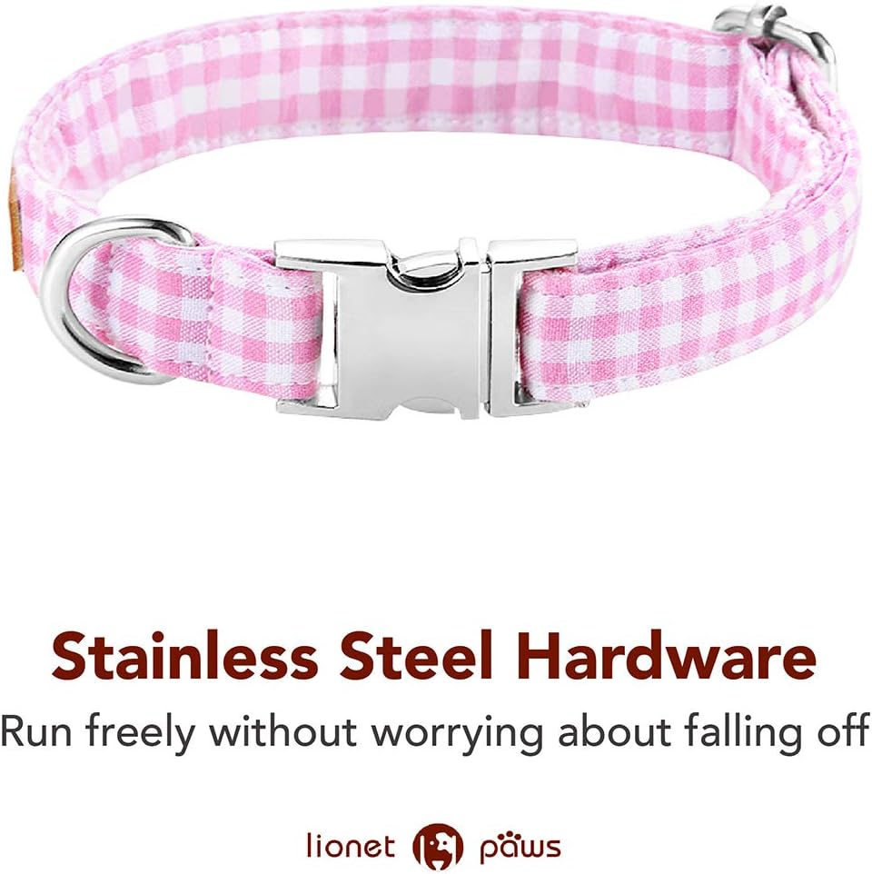 Lionet Paws Dog Collar with Bowtie, Comfortable Adjustable Cute Pink Gingham Bow Tie Collar for Female Dogs Gift, XLarge, Neck 16-26 inches