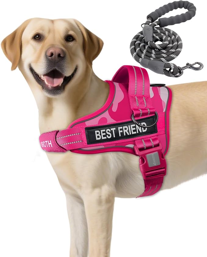 AUROTH Dog Harness and Leash Set for Large Sized Dog, No Pull Dog Vest | with Leash Clips, LED light clip, Soft Padded No Choke, Escape Proof, Easy Walking and Training, Pink Camo, XL