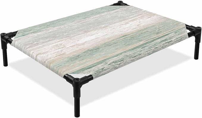 Outdoor Elevated Dog Bed for Large Dogs, Sage Green Grey Breathable Cooling Raised Dog Cot for Indoor/Outdoor, Farmhouse Gray Barn Wooden Vintage Striped Waterproof Elevated Pet Beds, L 28 x 22 in