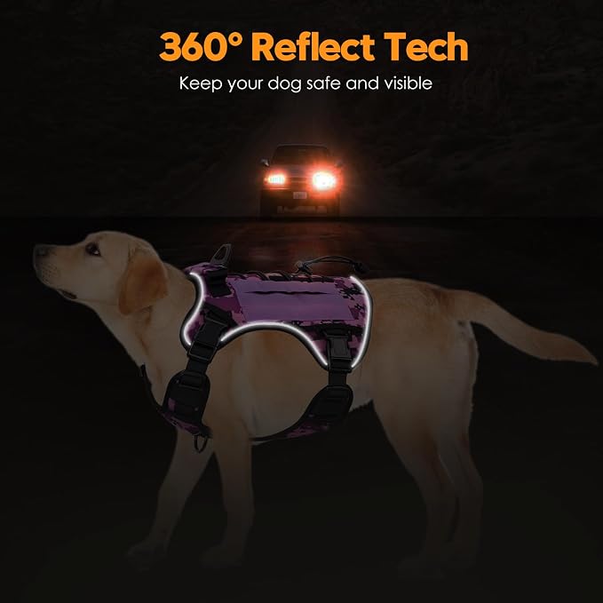 Heavy-Duty Tactical Dog Harness for Large Dogs, No Pull Adjustable Reflective Pet Vest with Molle System, K9 Military-Grade Control for Service Training, Outdoor & 10+ Breeds, Purple Camo, Large