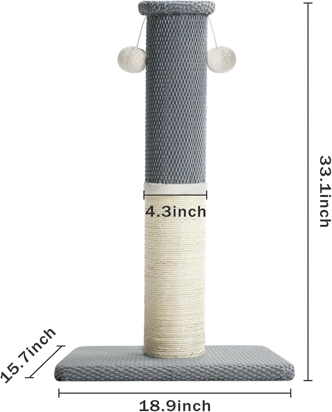 Made4Pets Tall Cat Scratching Post with Sisal & Carpet for Indoor Cats, 33" | Cat Scratcher with Wide Stable Base, Interactive Hanging Toys, Ideal for Adult Cats, Large Breeds and Full-Body Stretching