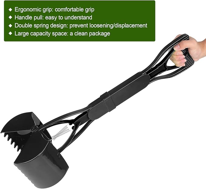 Pet Pooper Scooper, Long Handle Jaw Poop Pick Up Tool for Dogs Cats, 23.7in Heavy Duty Plastic Waste Cleaner with Foldable Design (Black)