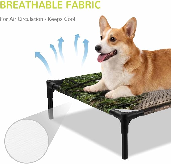 Outdoor Elevated Dog Bed for Medium Dogs, Nature Scenery Breathable Cooling Raised Dog Cot for Indoor/Outdoor, Forest Walkway Lake Trees Spring View Waterproof Elevated Pet Beds, M 24 x 20 in