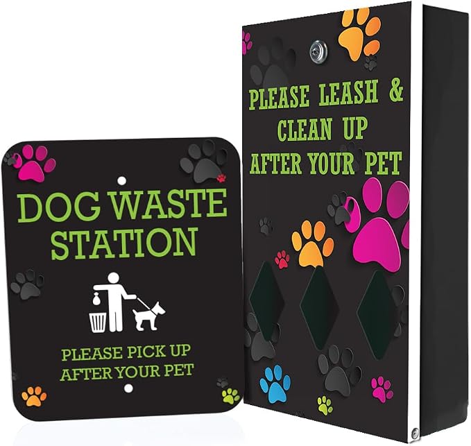 Zero Waste USA - Aluminum Dog Waste Station - Colorful Paws | Matte Black | DISPENSE-ART™ UV-printed aluminum station, 25% larger bag storage, rust-proof commercial design for parks & properties