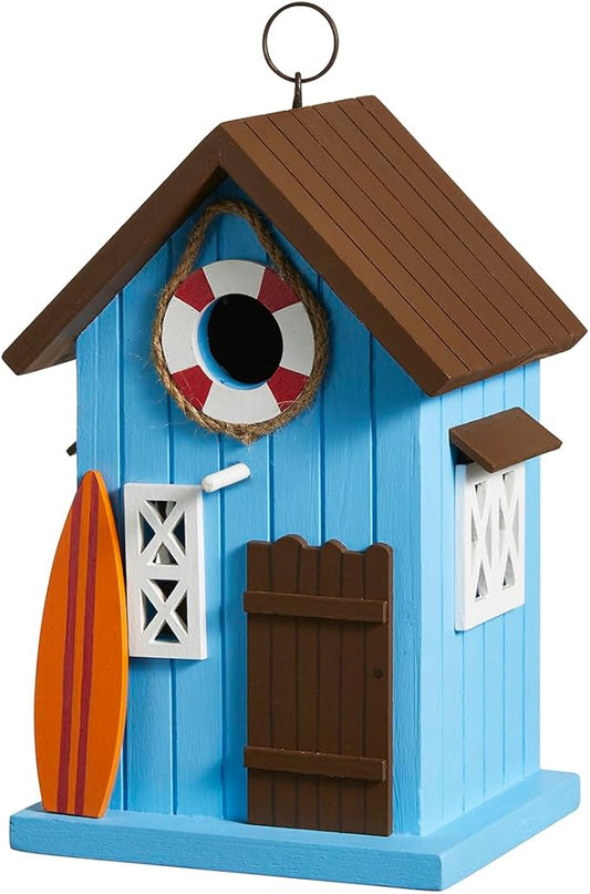 Glitzhome Blue Bird Houses for Outdoors, 10" H Modern Solid Wood Cottage Hand Painted Hanging Bird House Beach Hut Decorative Pet Cottage Outdoor Garden Birdhouse for Wren Finch Cardinals,Blue