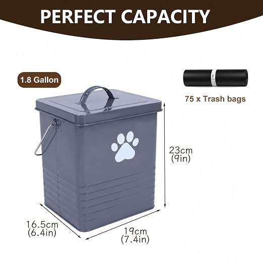 1.85Gal/7L Small Outdoor Trash Can with Lid, Metal Dog Poop Trash Can Outside, Dog Waste Container Bucket Handle(75 Trash Bags Included)-Gray