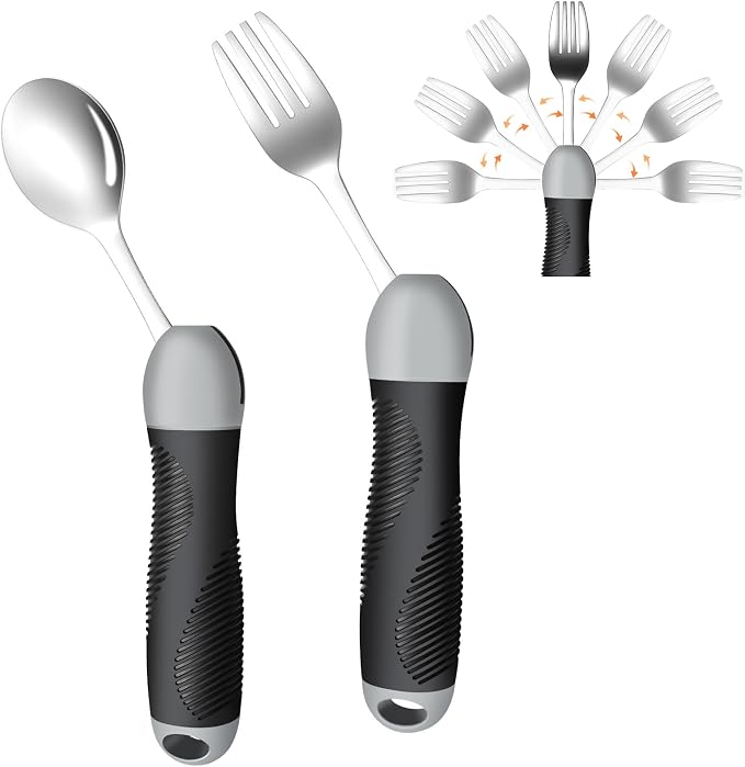 Weighted Utensils for Tremors & Parkinson's, Adaptive Eating Aids (Black) | Adaptive silverware for shaky hands. Weighted grip design reduces tremors. Bendable neck for custom angle. Dishwasher safe