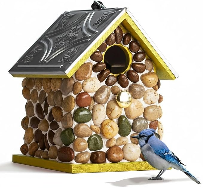 Masterpiece Bluebird Bird House for Outside Clearance, River Pebbles Cedar Bird House Bird Feeder for Outdoor, Hanging Birdhouse for Outside, Pole Mountable Birdhouse, 10 Yrs Lasting (Yellow)