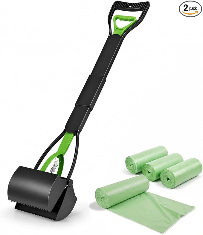 Furfusion Pooper Scooper for Large Dogs – 32" Long Handle No-Bend Dog Poop Picker Upper with 120 Waste Bags – Heavy Duty Foldable One-Hand Scoop for Grass, Gravel, Yard & Walks