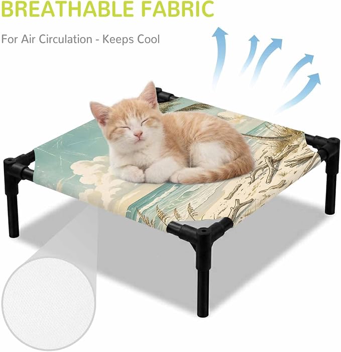 Outdoor Elevated Dog Bed for Small Dogs, Palm Trees Breathable Cooling Raised Dog Cot for Indoor/Outdoor, Beach Summer Blue Ocean Sky Natural Landscape Waterproof Elevated Pet Beds, S 20 x 20 in