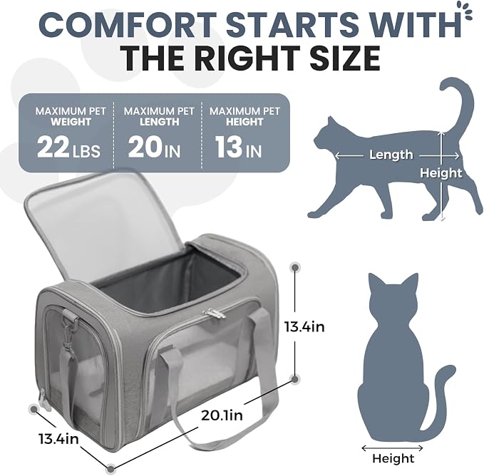Soft-Sided Cat Carrier Expandable Pet Carrier Airline Approved Mesh Travel Carrier Up to 22lbs for Cats Small Dogs Collapsible Escape-Proof with Shoulder Strap Washable (20x13x13 Gray)