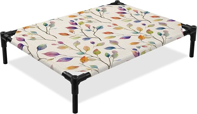 Outdoor Elevated Dog Bed for Medium Dogs, Colorful Leaves Breathable Cooling Raised Dog Cot for Indoor/Outdoor, Farmhouse Branches Botanical Vintage Waterproof Elevated Pet Beds, M 24 x 20 in