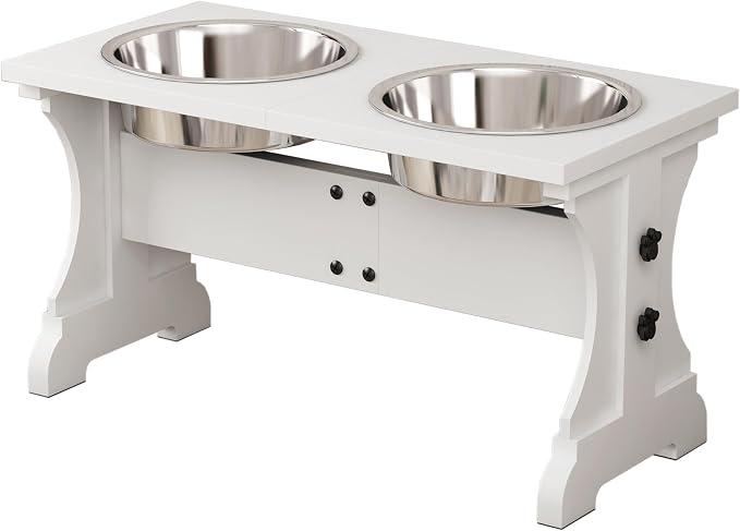 Piskyet Elevated Dog Bowls,Dog Bowl Stand, 7 Cups 11" H_55 oz Bowl-White | White Dog Bowls Stand, Raised Dog Bowl with 2 Stainless Steel Wooden Dogs Bowls for Medium Size Dogs