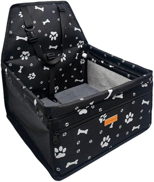 Pet Dog Booster Seat, Upgrading the Framed wall to Prevent Collapse，Breathable and Foldable Pet Car Basket，Removable andWashable pet car seat (Black Footprints)