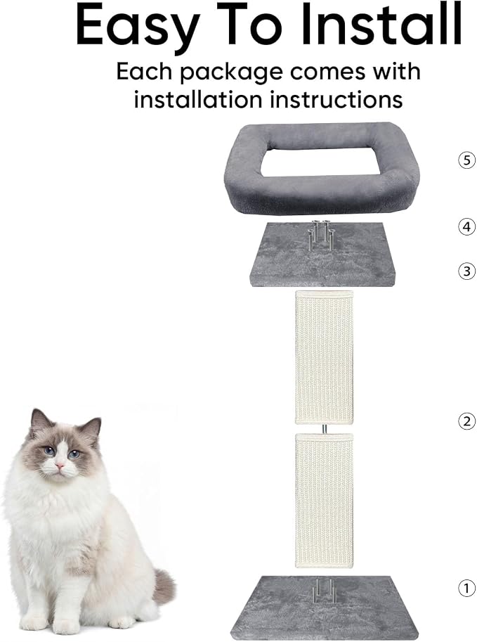 Cat Scratching Post, 32”Cat Scratcher with Large Plush Perch, Sisal & Carpet Scratching Post, Vertical Posts with Elevated Bed for Indoor Cats, Removable& Washable Cover, Grey
