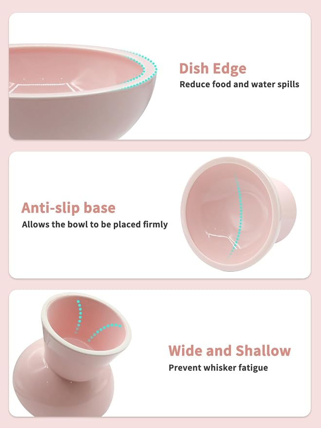 LoeJan Elevated Cat Food and Water Bowls Set, Pink - Raised Ceramic Anti-Vomit Whisker-Free Feeder for Kittens to Adult Cats