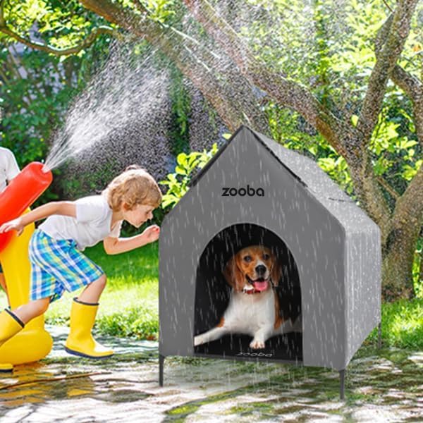 Zooba 29in Medium Dog House Outdoor, Elevated Dog Bed with Canopy, Grey | Weather-resistant 600D PVC canopy, breathable 2x1 Textilene elevated bed, steel frame; indoor or outdoor; easy to clean