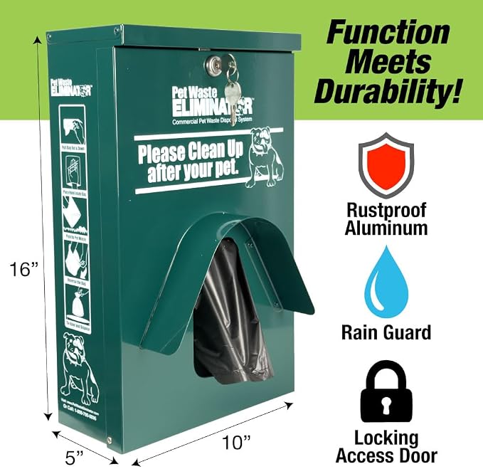 Dog Waste Station Dispenser Box - 800 FREE Dog Poop Bags- Made of Rustproof Aluminum - Pet Waste Bag Dispenser with Lock and Rainguard - For Commercial Use, Parks, Condos, HOA (Green)