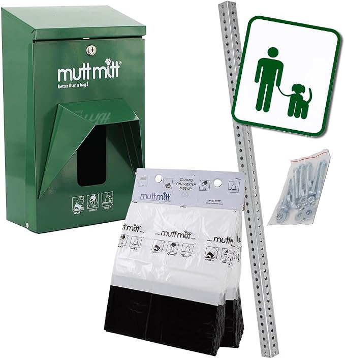 Mutt Mitt® Aluminum Mini Dog Waste Station - Gloss Green | 2-Ply | Full-height aluminum station with sign, 400 header bags, locking dispenser, & post | install beside existing trash cans