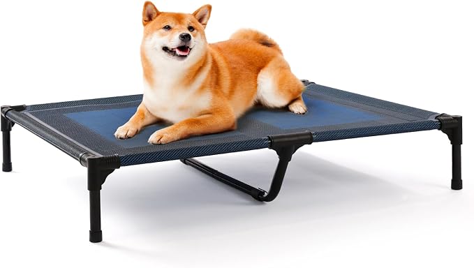 petizer Large Dog Cots Beds for Medium Dogs, Holds up to 100lbs, Breathable Cooling Mesh & Strong Center Bars, 36x30x9'' Anti-Sag Lifted Dog Bed, Indoor & Outside Use, Blue