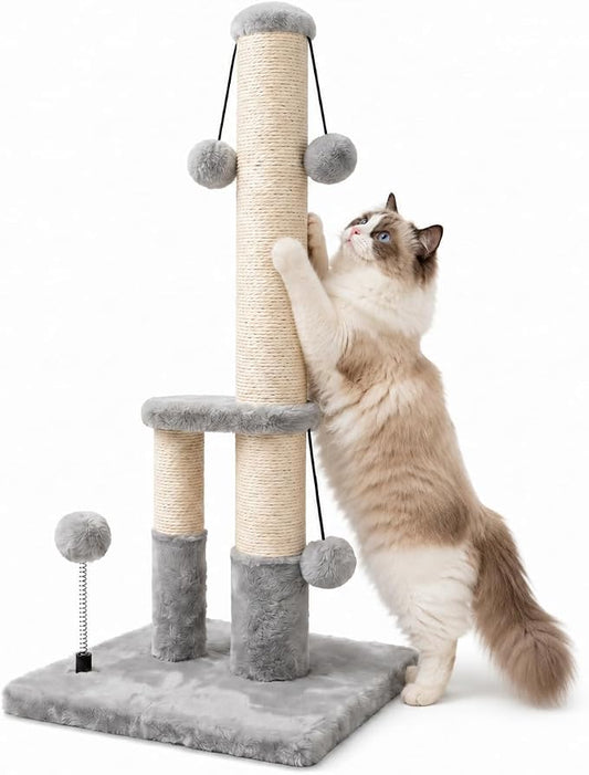 Dimaka Tall Cat Scratching Post, Double Lower Posts Extra Stable Cat Post Tree Scratcher with Sisal Rope and Teasing 4 Balls Total Large Base (Grey)