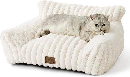 COZY KISS Cute Cat Couch, Fluffy Sofa Bed for Cats and Small Dogs, Premium Faux Rabbit Fur Cats beds for Indoor Cat, Ultra-Soft Supportive Pet Couch Furniture (Cream, S: 25.5''x17.5'')