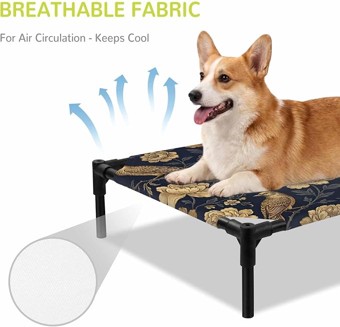 Outdoor Elevated Dog Bed for Large Dogs, Vintage Flowers Breathable Cooling Raised Dog Cot for Indoor/Outdoor, Birds on Branch Floral Elegant Plants Waterproof Elevated Pet Beds, L 28 x 22 in