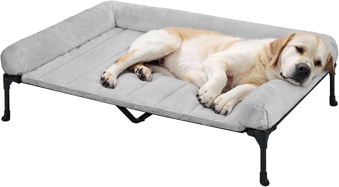Veehoo Elevated Dog Beds Large Sized Dog with Fluffy Plush Bolster Cushion | Orthopedic Raised Dog Beds for Indoor Outdoor, Soft Pet Sofa Cot with Removable Washable Mat, No-Slip Feet, 49" x 33", Grey