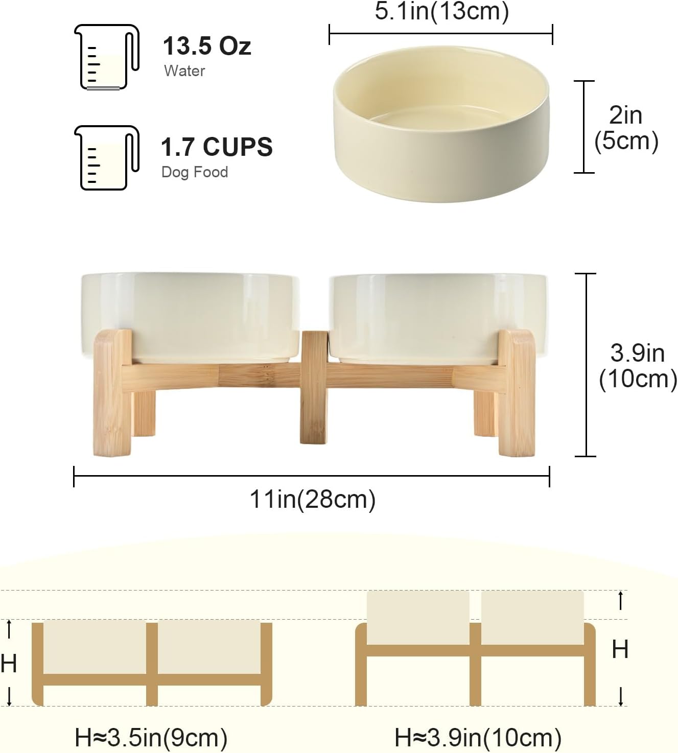 SPUNKYJUNKY Elevated Dog Bowls Ceramic, 5.1'' Dogs and Cat Food Water Bowls Raised with Non-Slip Bamboo Stand for Puppy Small Sized Breed Microwave Dishwasher Safe - 13.5 OZ,Beige