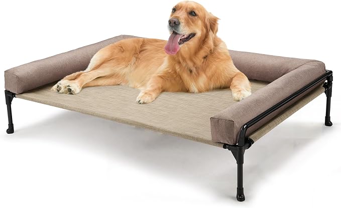Veehoo Outdoor Elevated Dog Bed-Cooling Raised Dog Cot for Large Sized Dogs | Three-Sided Fence Raised Pet Cot with Mesh & No-Slip Feet Dog Hammock Bed with Removable Bolster-41" x 27" Beige