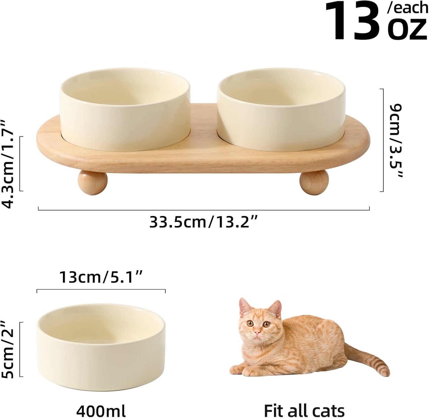 Ceramic Elevated Cat Food and Water Bowl, Kitty Bowl, Raised Cat Dish, Pet Feeder (5.1 in, 2 x Beige + Stand)