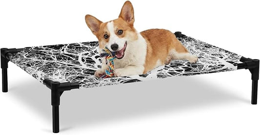 Outdoor Elevated Dog Bed for Large Dogs, Modern Tree Branches Breathable Cooling Raised Dog Cot for Indoor/Outdoor, Contemporary Black Botanical Waterproof Elevated Pet Beds, L 28 x 22 in
