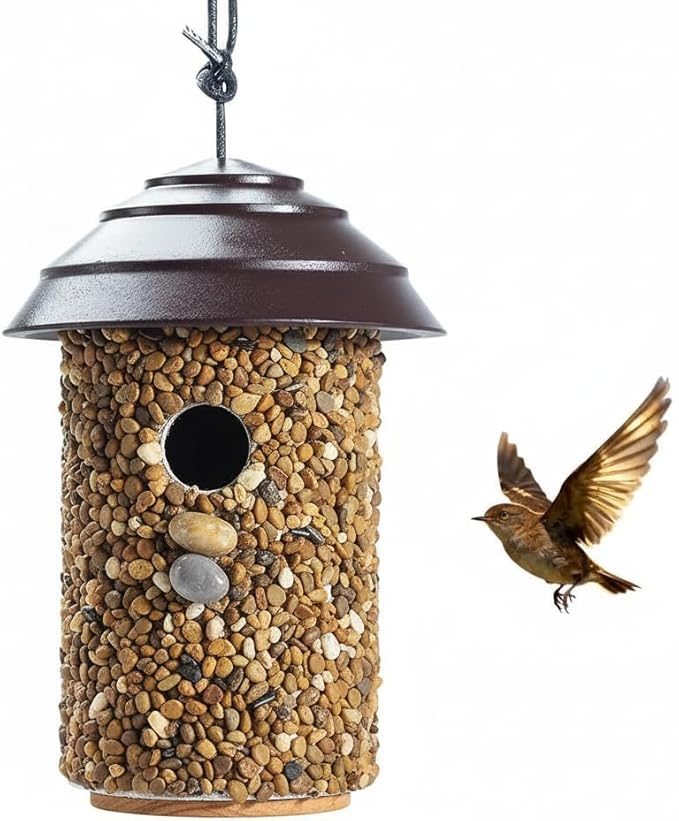 Pebble Stone Bird House for Outside Clearance, HDPE Roof Bird House for Outdoor, Heavy Duty Stone, Hanging Birdhouse for Outside, Wren House 10 Year Lasting (Black