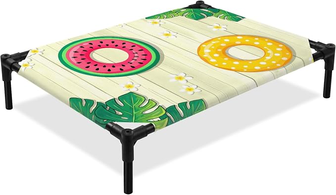 Outdoor Elevated Dog Bed for Medium Dogs, Summer Swimming Rings Breathable Cooling Raised Dog Cot for Indoor/Outdoor, Floral Plumeria Yellow Wooden Waterproof Elevated Pet Beds, M 24 x 20 in