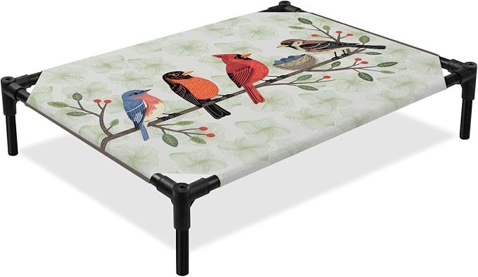 Outdoor Elevated Dog Bed for Large Dogs, Rustic Cardinal Bird Breathable Cooling Raised Dog Cot for Indoor/Outdoor, Green Leaves Branches Country Berries Waterproof Elevated Pet Beds, L 28 x 22 in