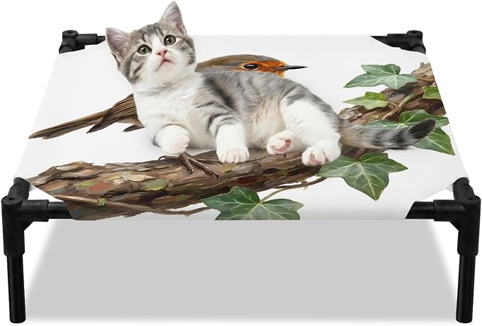 Outdoor Elevated Dog Bed for Small Dogs, Bird Breathable Cooling Raised Dog Cot for Indoor/Outdoor, Ivy Branch Animal Green Botanical Leaf Waterproof Elevated Pet Beds, S 20 x 20 in