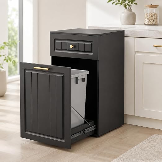 13 Gallon Pull Out Trash Can Cabinet with Drawer | Hidden Wooden Garbage Cabinet for Kitchen, Freestanding Modern Farmhouse Waste Bin Holder, Black