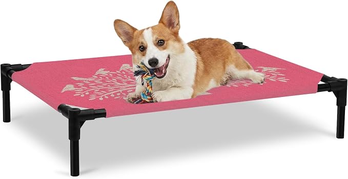 Outdoor Elevated Dog Bed for Large Dogs, Black Tree Breathable Cooling Raised Dog Cot for Indoor/Outdoor, Birds Vintage Farmhouse Pink Waterproof Elevated Pet Beds, L 28 x 22 in