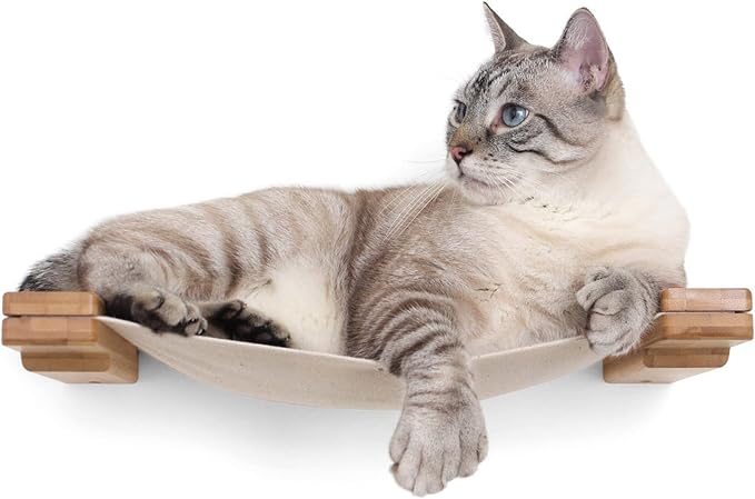CatastrophiCreations Cat Lounge Hammock Wall Mounted Lounger for Climb and Play Furniture Cat Tree Shelves, Natural Bamboo/Natural Canvas, one Size