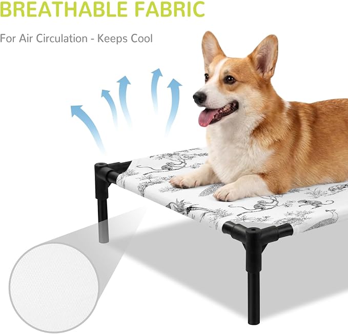 Outdoor Elevated Dog Bed for Large Dogs, Farmhouse Monkey Breathable Cooling Raised Dog Cot for Indoor/Outdoor, Vintage Plants Rustic Turtles Peacock Waterproof Elevated Pet Beds, L 28 x 22 in