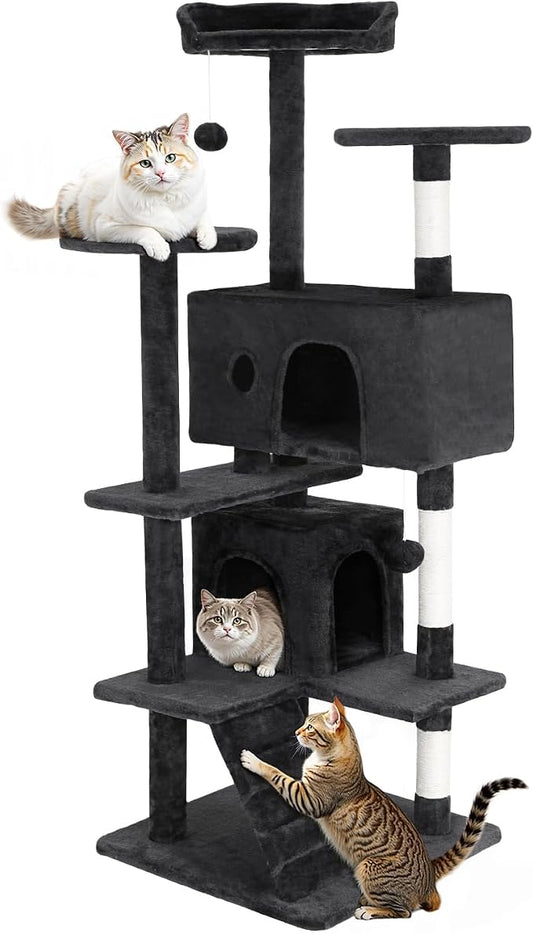FDW Cat Tree 54in Cat Tower Multi-Level Durable Cat Scratching Post & Cozy Fun Cat Jumping Platform Space Saving Cat Condo Pet Play House for Indoor Cats,Grey